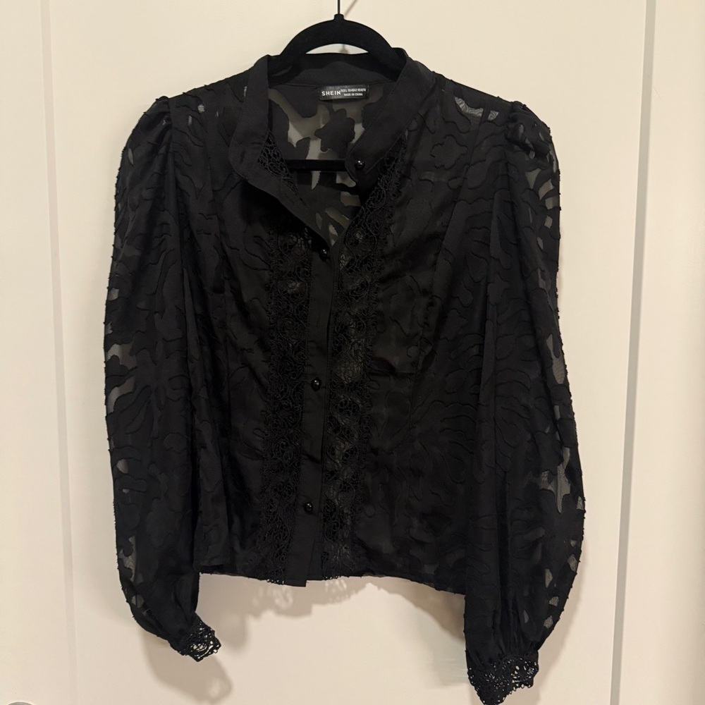 SHEIN Gothic Sheer Burnout Lace Trim Blouse M (8/10) - Picture 2 of 4